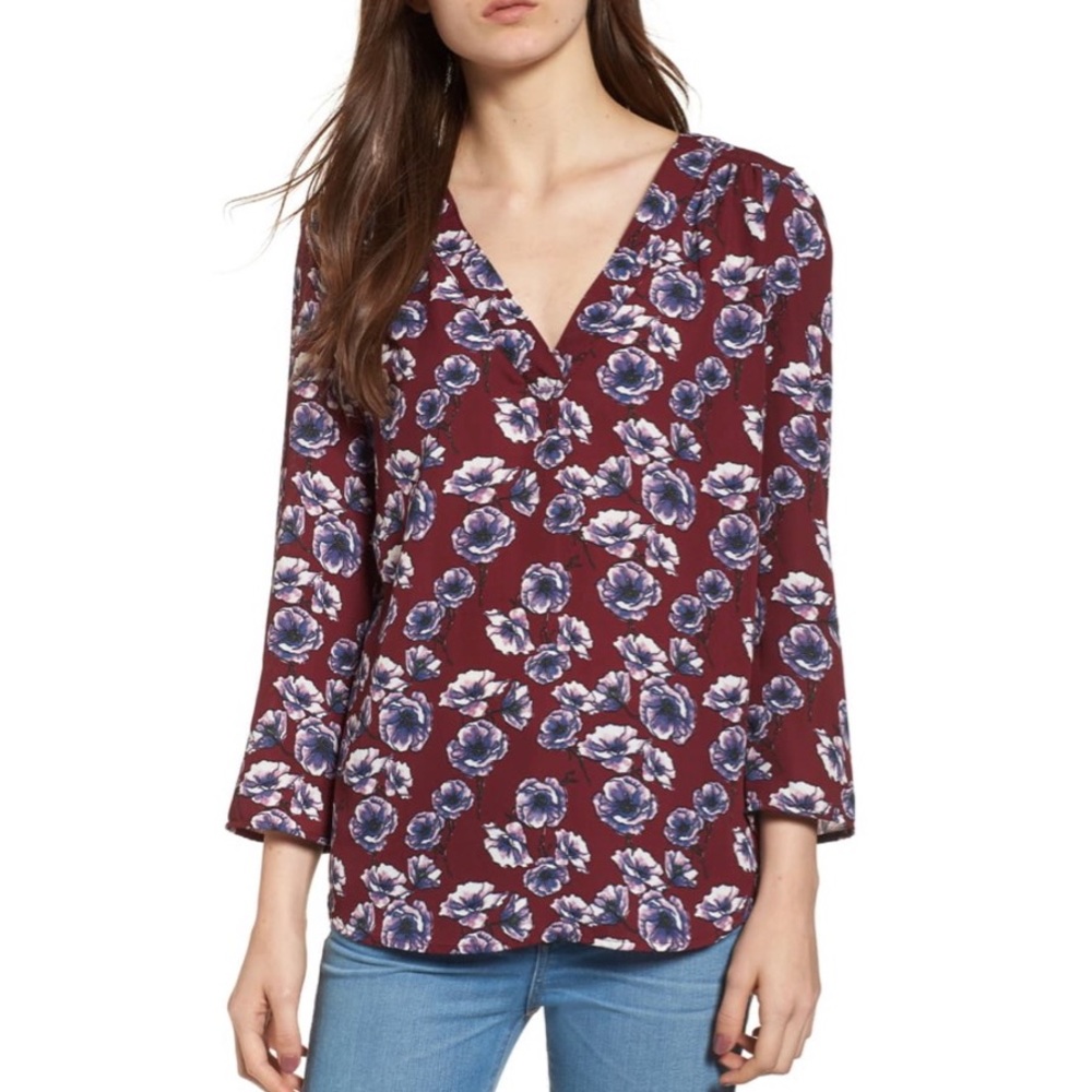 HINGE Maroon Floral Print V-Neck Blouse - Picture 1 of 14